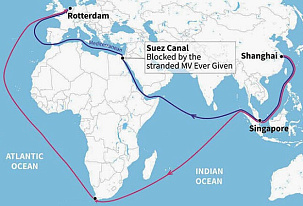 Přeprava zboží po trase kolem Afriky je levnější než přes Suezský průplav
